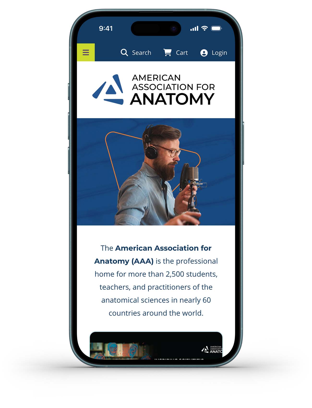 iPhone with the anatomy.org mobile homepage design on screen