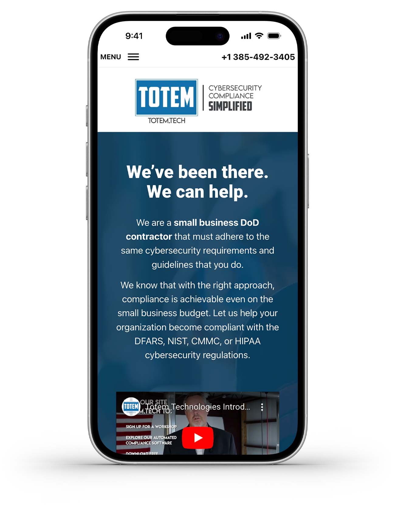 iPhone with the totem.tech mobile homepage design on screen